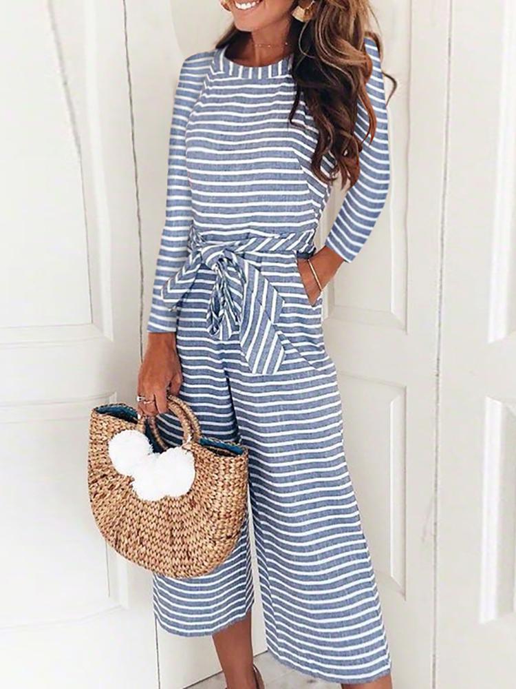 

Striped Long Sleeve Tied Waist Pocket Jumpsuits