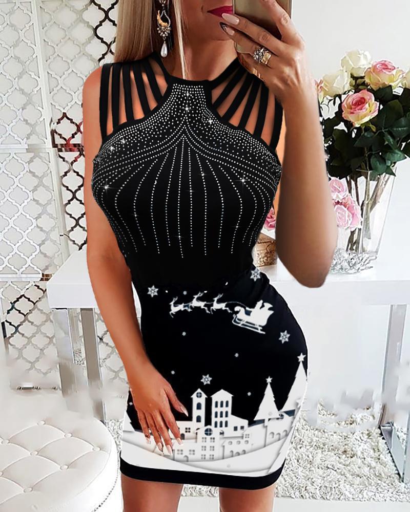

Christmas Mixed Print Studded Bodycon Dress, Black