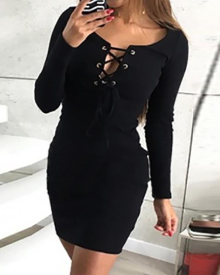 

Sexy Tied Lace-Up Round Neck Mini Dress, Black
