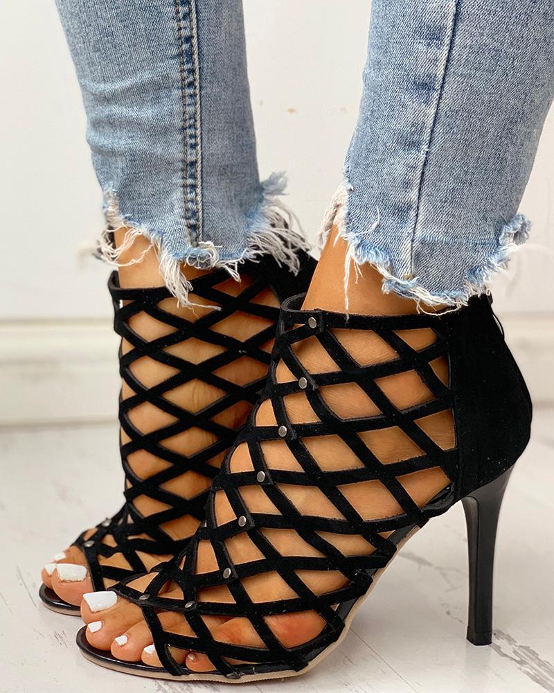 

Peep Toe Hollow Out Thin Heeled Sandals, Black