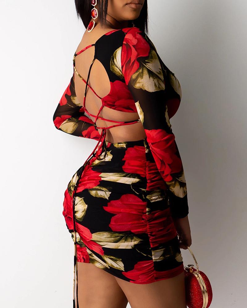 

Floral Print Lace Up Back Dress, Red