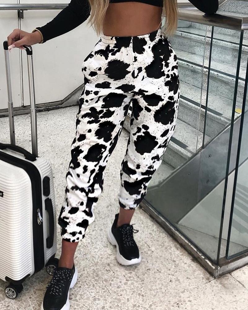 

Cow Spotted Long Casual Pants, Black