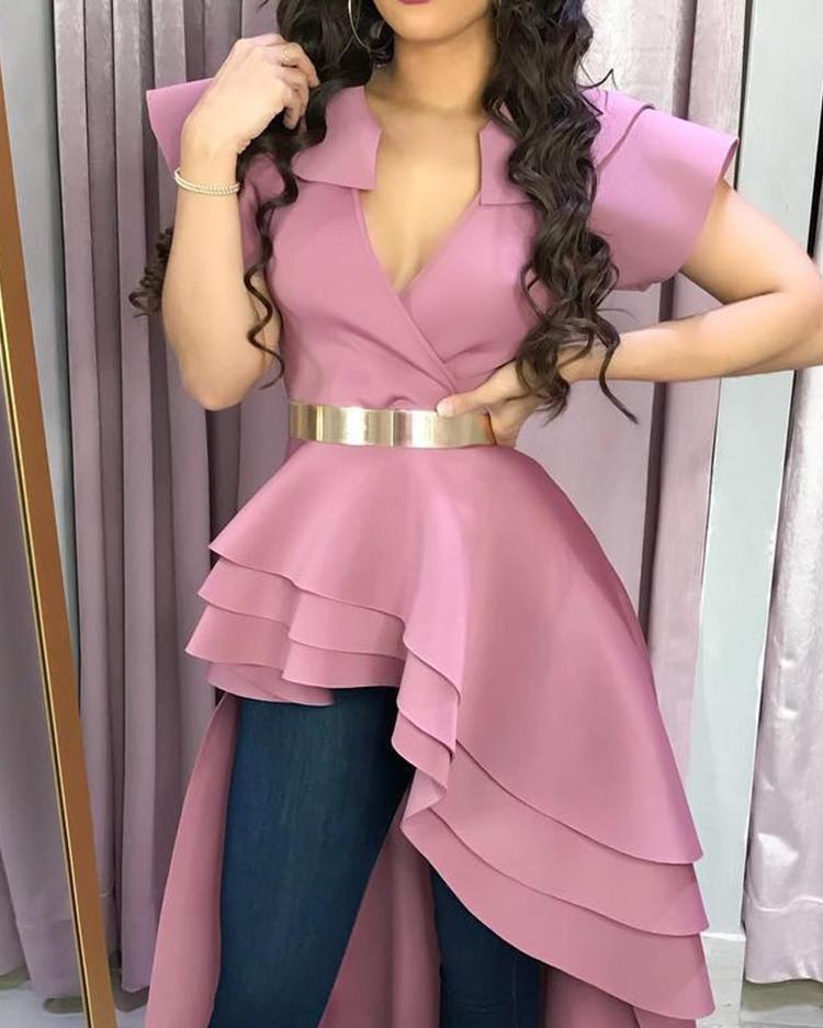 

Ruffles Design Dip Hem Irregular Blouse