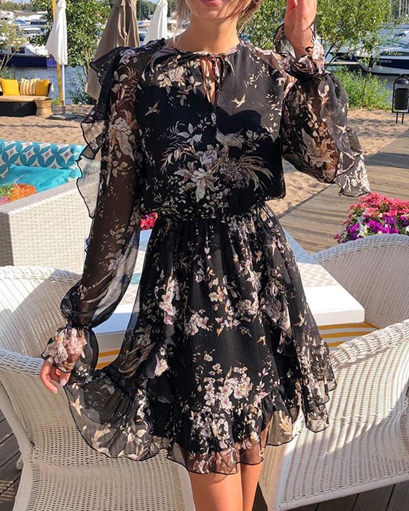

Floral Mesh Sleeve Ruffle Dress, Black