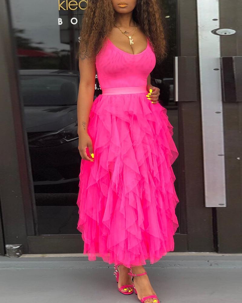 

High Waist Mesh Layered Skirt, Hot pink