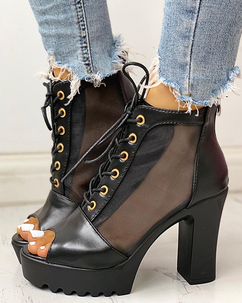 

Eyelet Lace-up Mesh PU Splicing Peep Toe Chunky Heels, Black