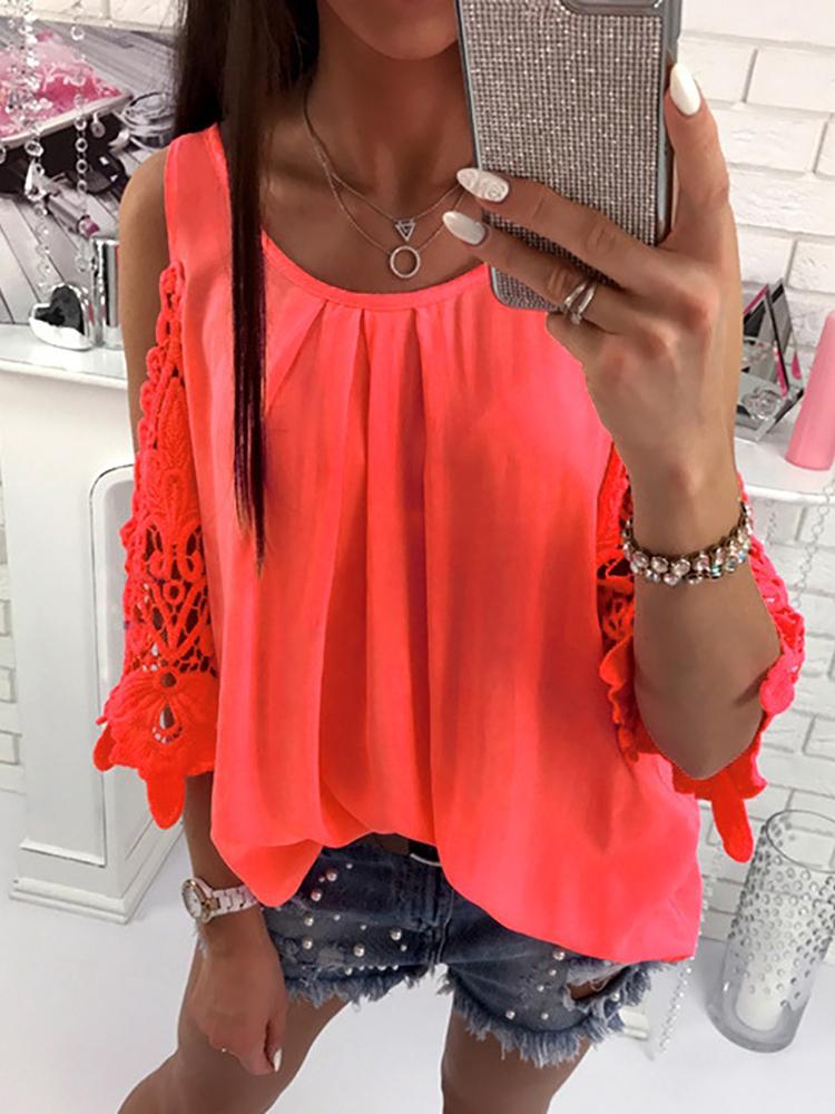 

Cold Shoulder Splicing Crochet Casual Blouse