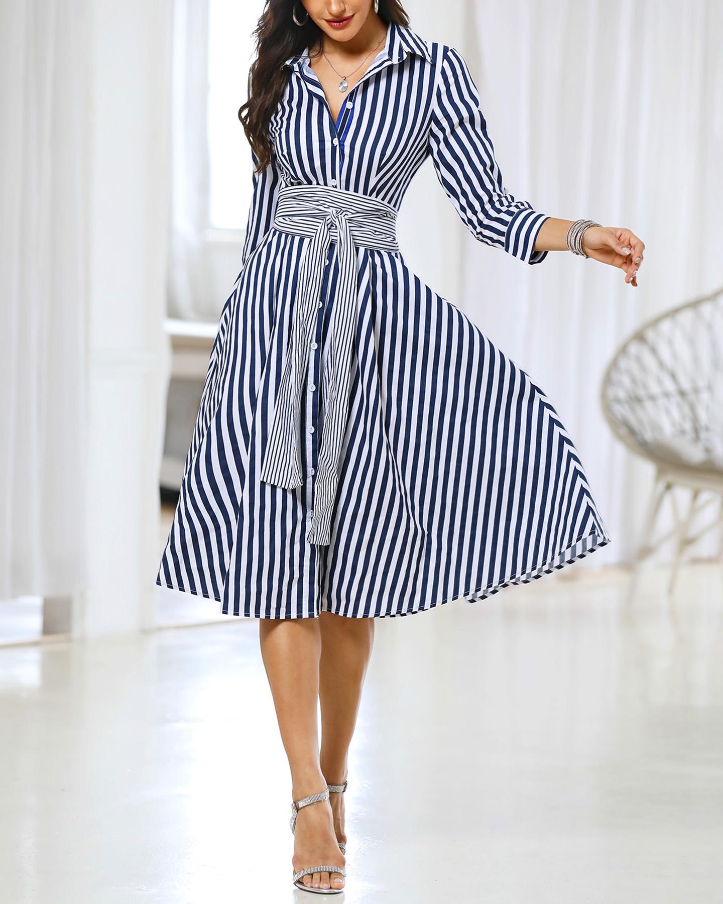 

Striped Long Sleeve Knot Waist Shirt Dress, Dark blue