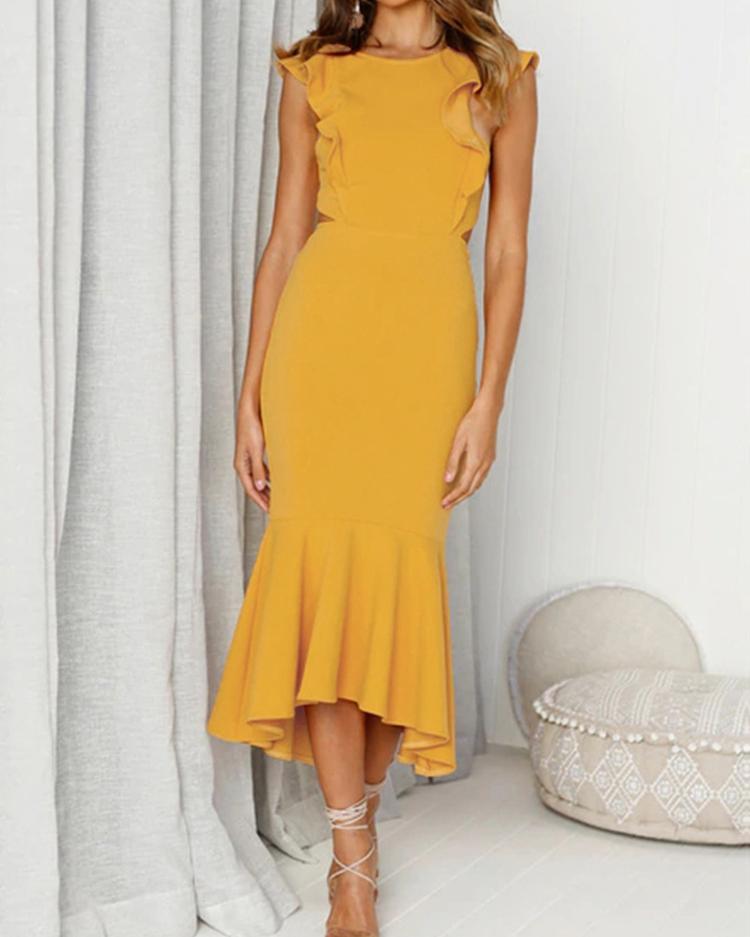 

Ruffles Design Open Back Fishtail Dress, Yellow