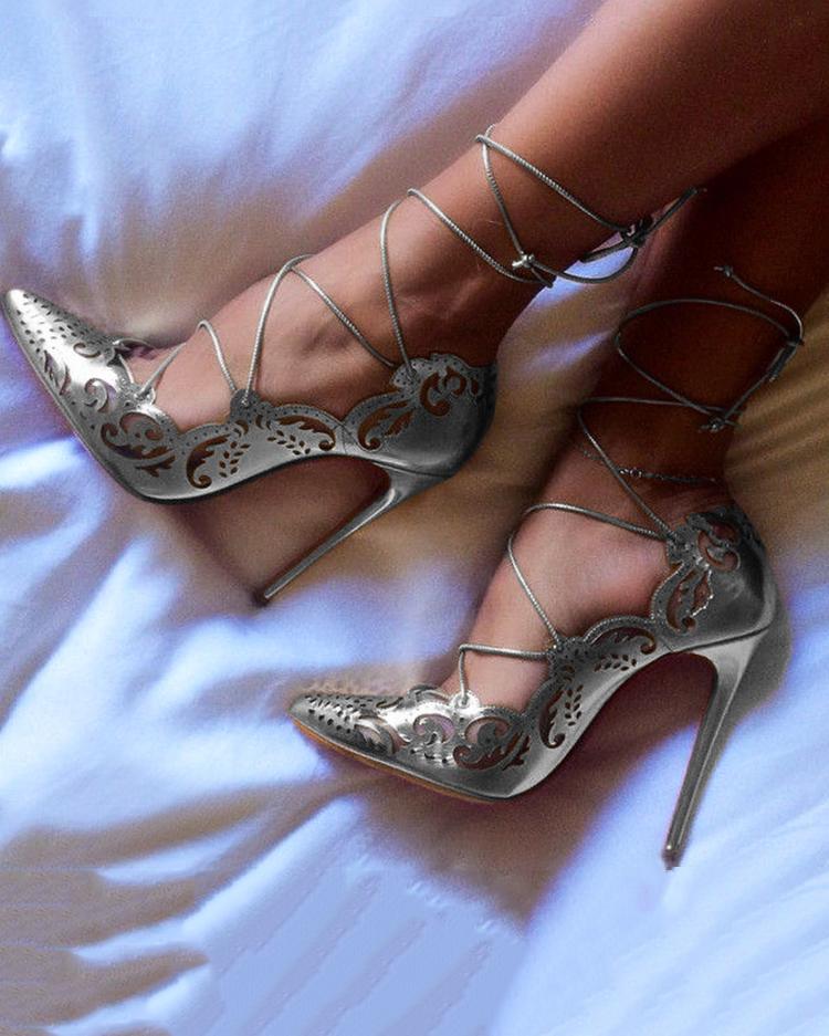 

Retro Hollow Out Bandage Stiletto Pumps, Silver