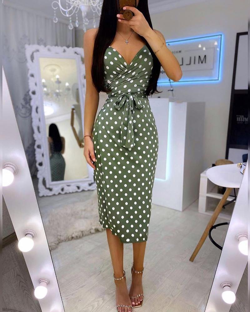 

Polka Dot Tie Waist Midi Dress, Green