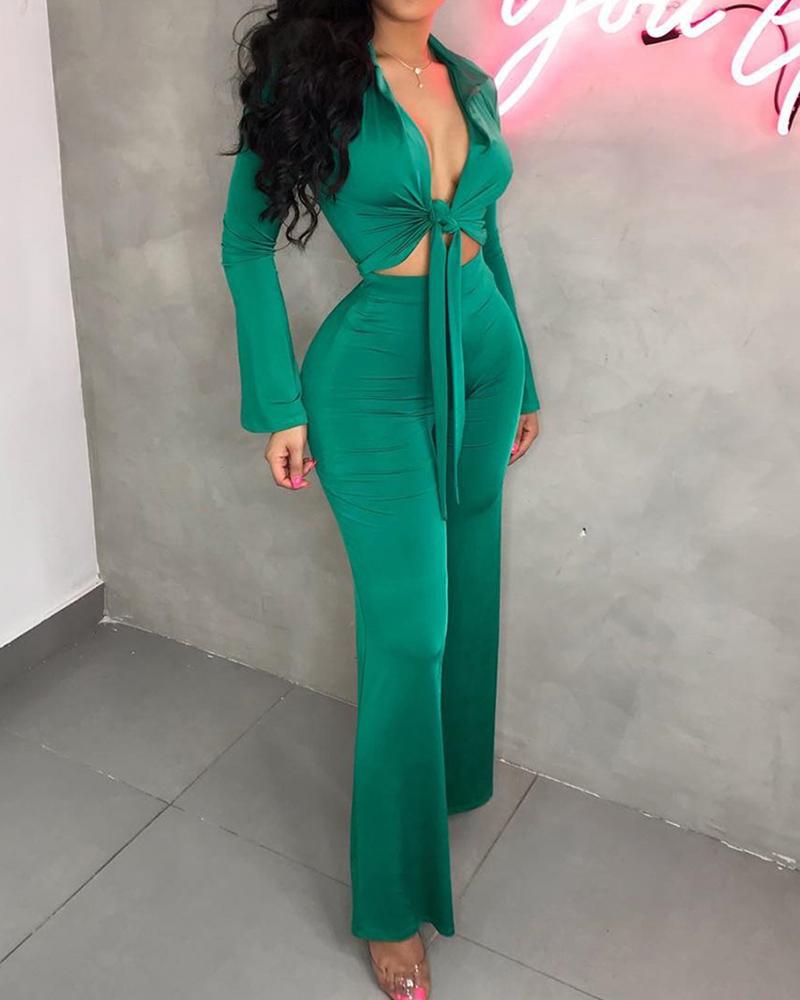

Long Sleeve Cutout Knot Front Solid Jumpsuit, Green