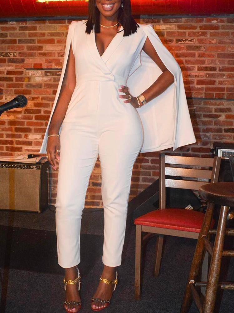 

Fashion V Neck Cape Sleeve Jumpsuit, White