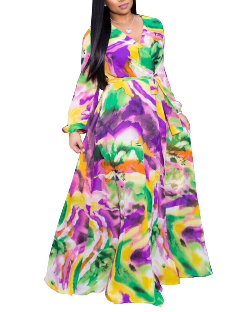 

Printed Chiffon V-neck Large Dress, Purple