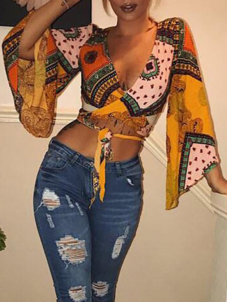 

Ethnic Print Flare Sleeve Cropped Wrap Top, Orange