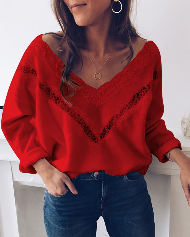 

Solid Lace Hollow Out Detail Sweater, Red