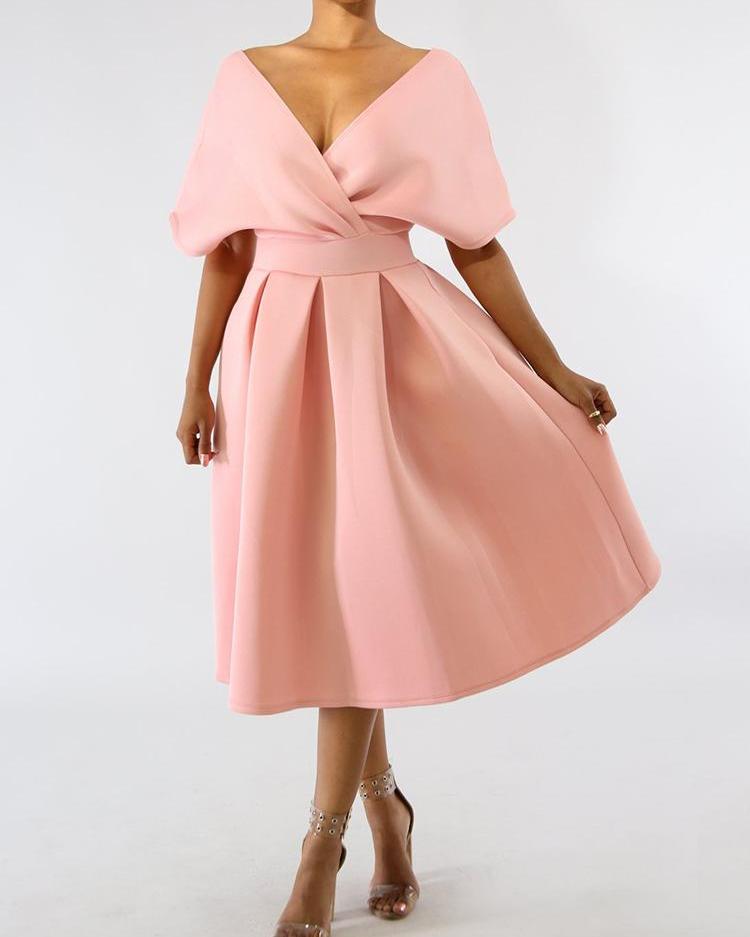 

Solid Zipper Back Batwing Sleeve Pleated Dress, Pink