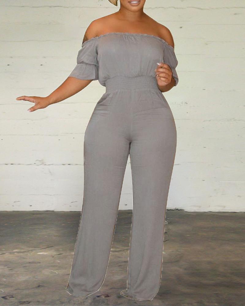 

High Waist Off Shoulder Wide Leg Jumpsuit, Gray