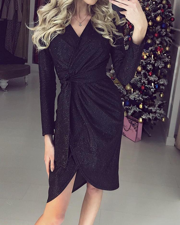 

Tulip Hem Wrap Belted Glitter Party Dress, Black