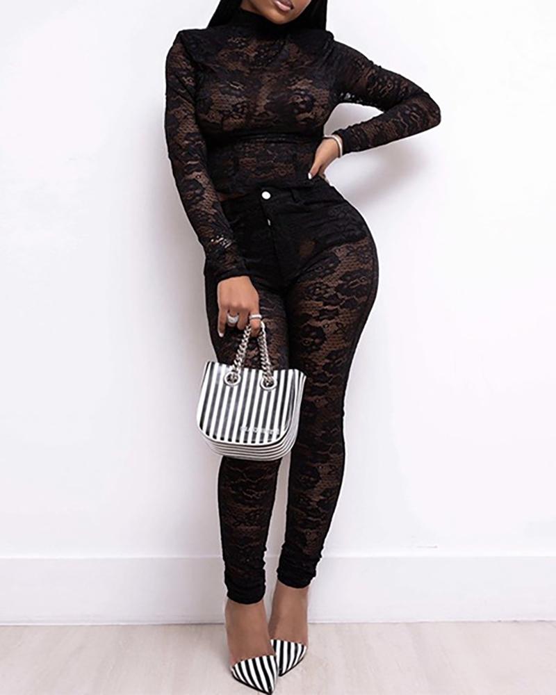 

See Through Lace Top & Pant Sets, Black