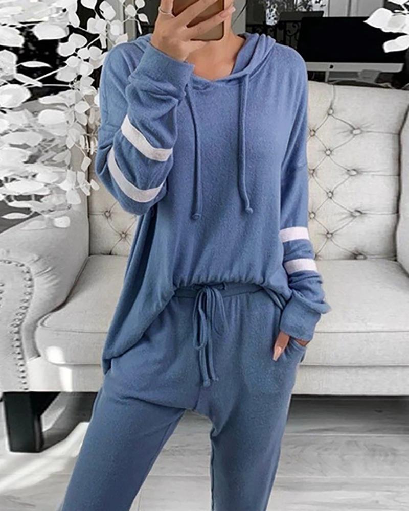 

Colorblock Long Sleeve Hoodie & Drawstring Pocket Design Pants Set, Blue