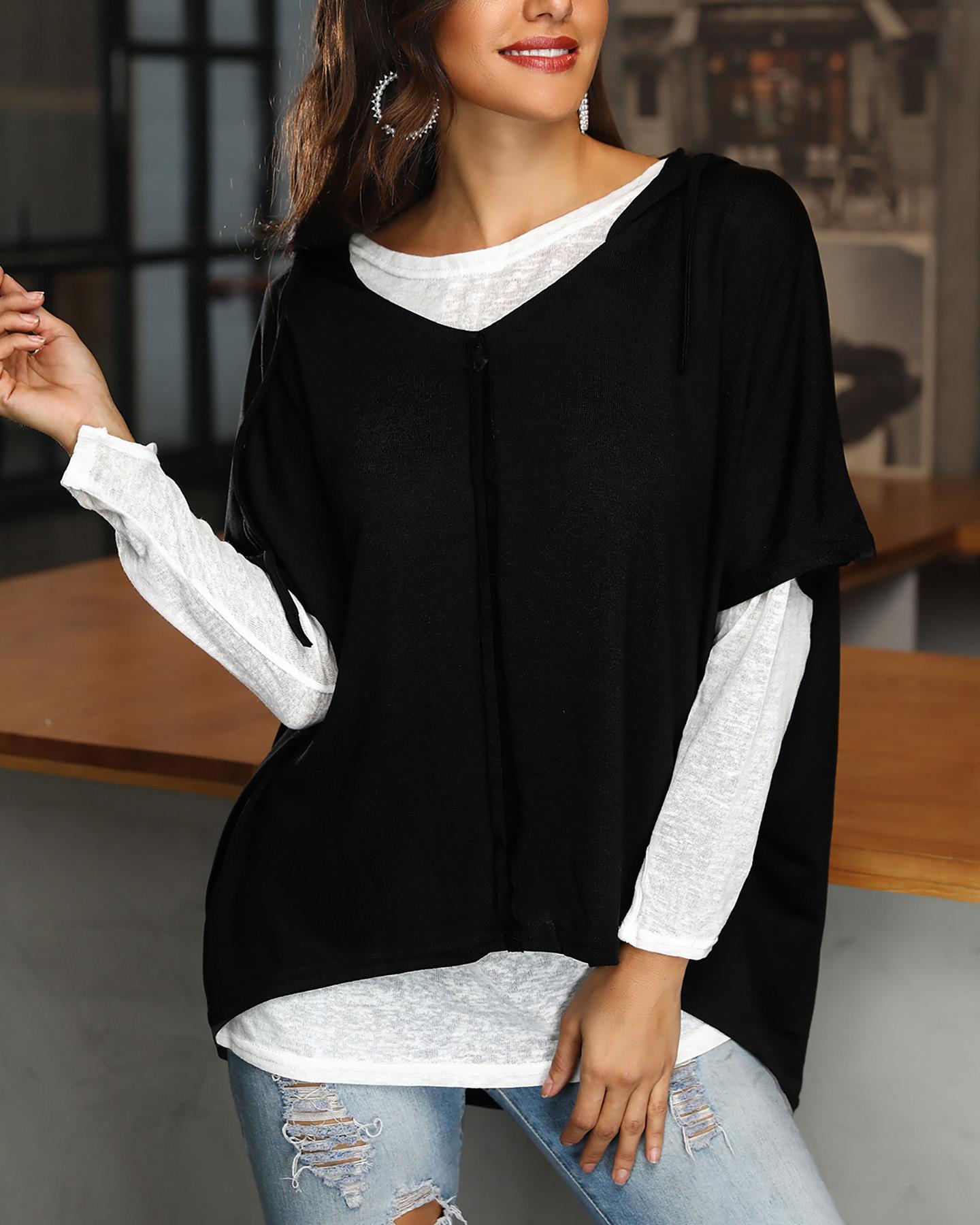

2Pcs Dip Hem Hooded Oversized Top, Black
