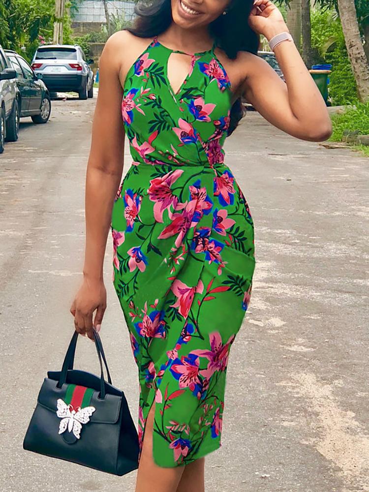 

Floral Print Cut Out Halter Ruched Wrap Dress, Green