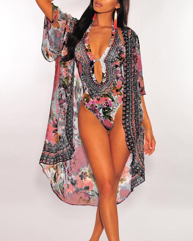 

Floral Print One Piece Swimwear With Cover Up, Black