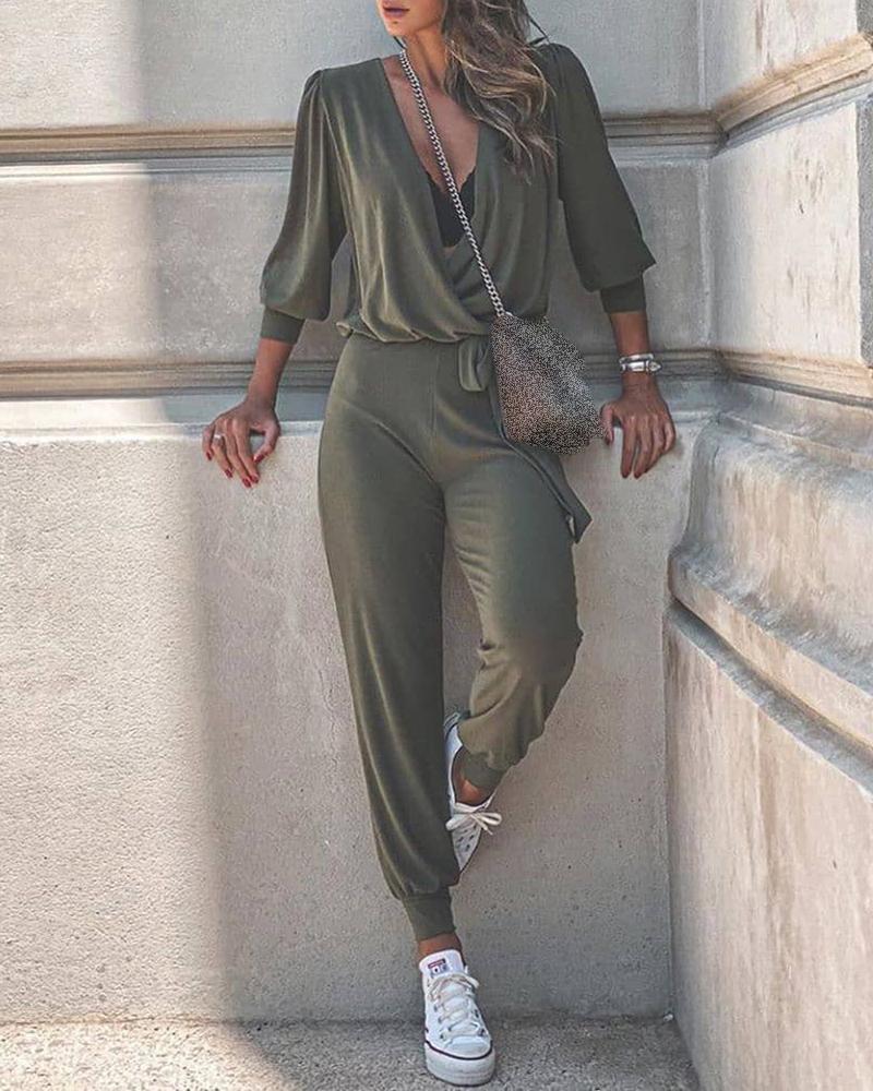 

V-neck Ruched Casual Top & Pants Set, Army green