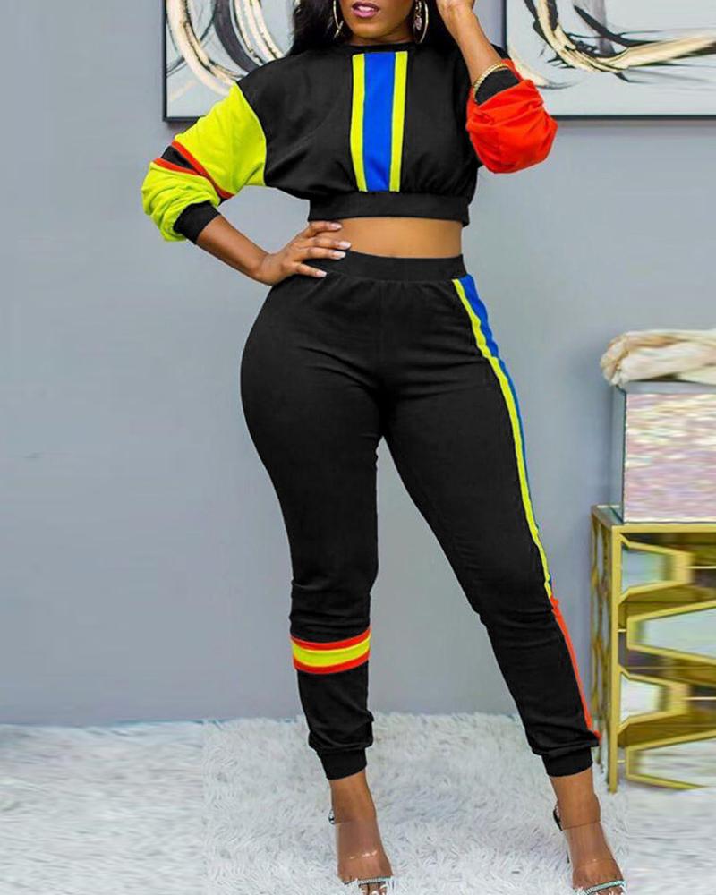 

Striped Colorblock Crop Top & Pant Sets, Black