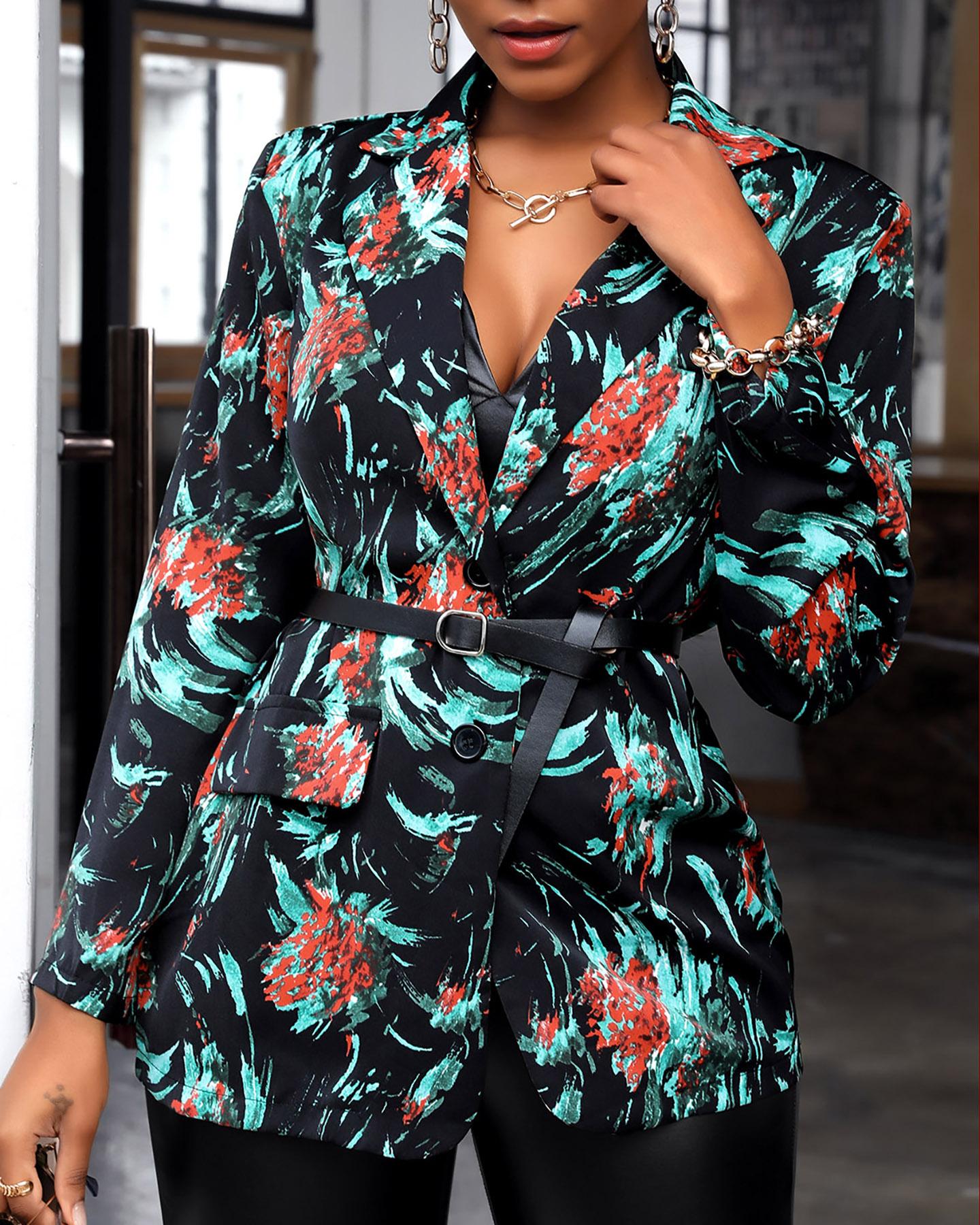 

Floral Print Button Front Long Sleeve Blazer Coat, Black