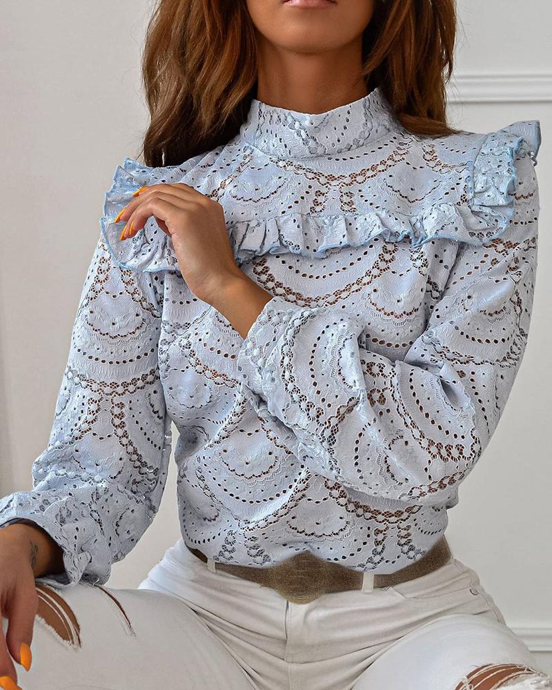 

Eyelash Lace Ruffles Long Sleeve Top, Blue