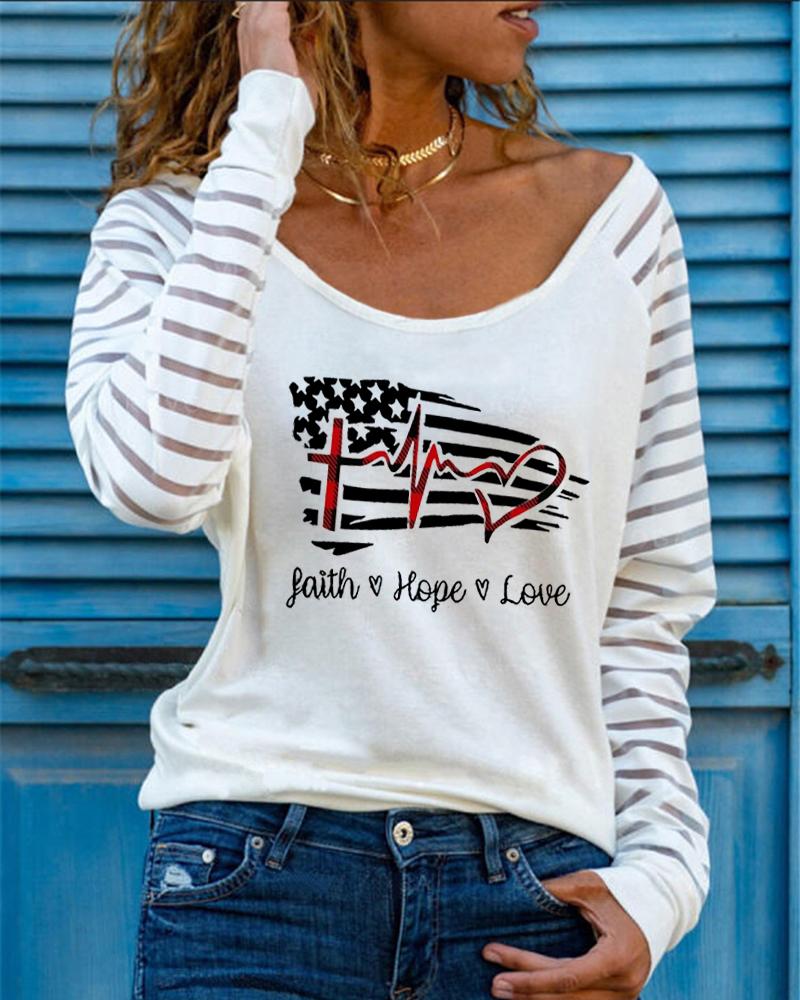 

Long Sleeve Letter Print Round Neck Top, White