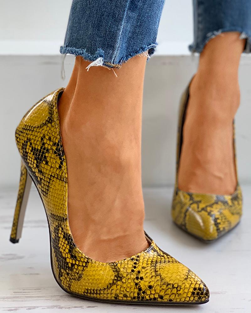 

Snakeskin Print Pointed Toe Stiletto Heeled Pumps, Yellow