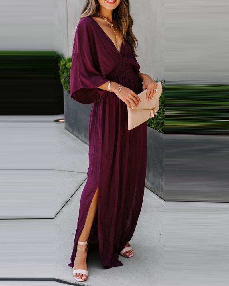 

Solid Cutout Backless Slit Ruched Maxi Dress, Purple
