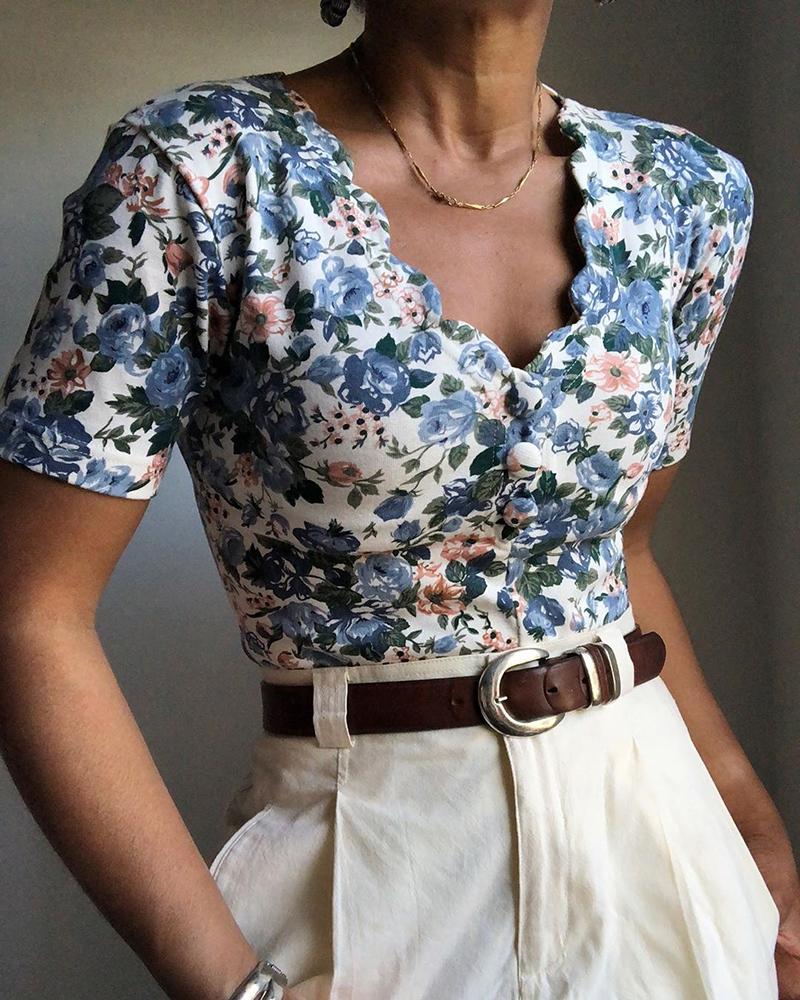

V Neck Floral Print Bottoned Blouse, Blue