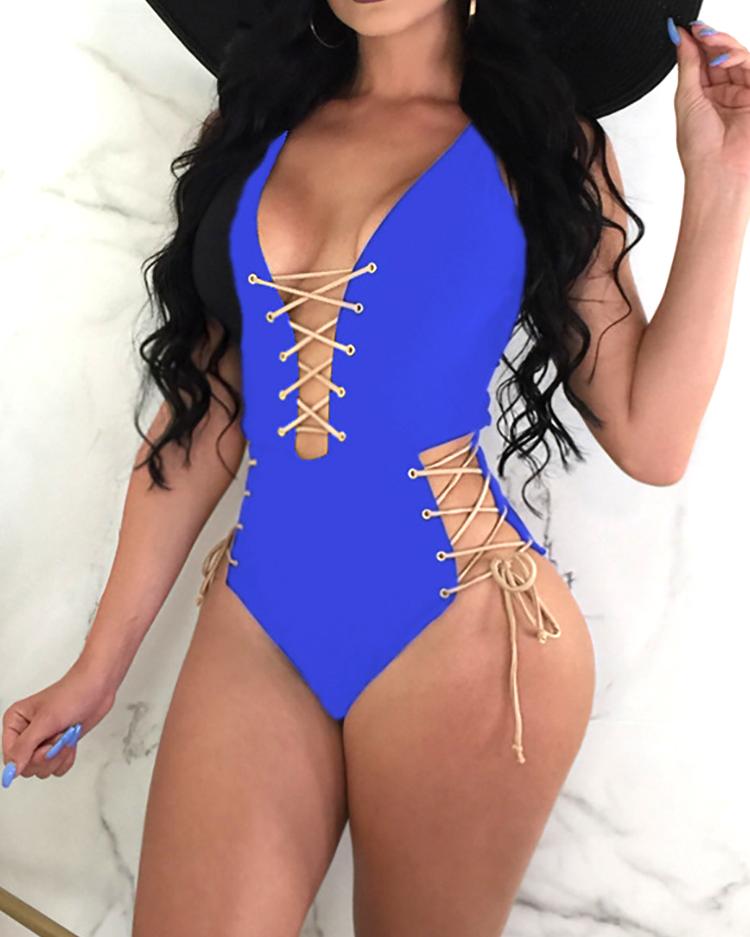

Criss Cross Halterneck Lace-Up One-Piece Swinmwear