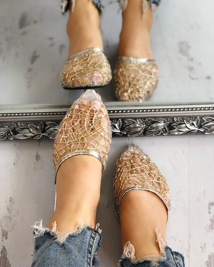 

Shiny Embellished Mesh Pointed Toe Flat Shoes, Gold