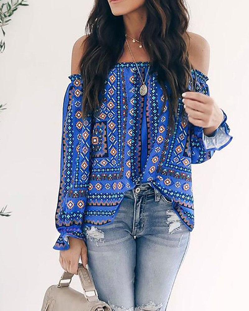 

Ethnic Print Off Shoulder Long Sleeve Casual Blouse, Blue