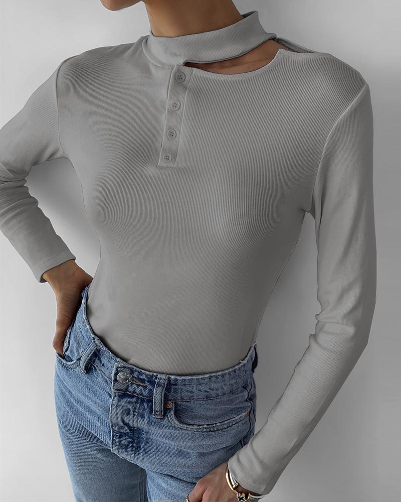 

Cut Out Buttoned Knit Casual Sweater, Gray
