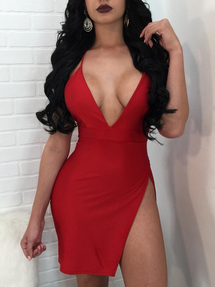 

Sexy Deep V Backless Split Mini Dress