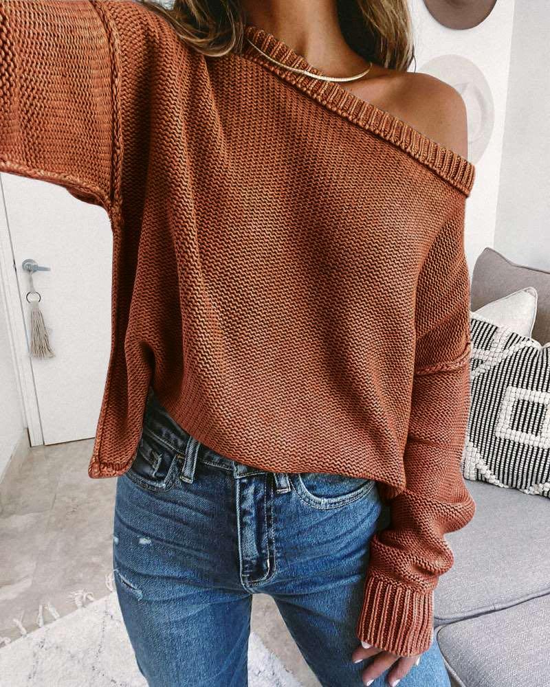 

Drop Shoulder Long Sleeve Knit Casual Sweater, Brown