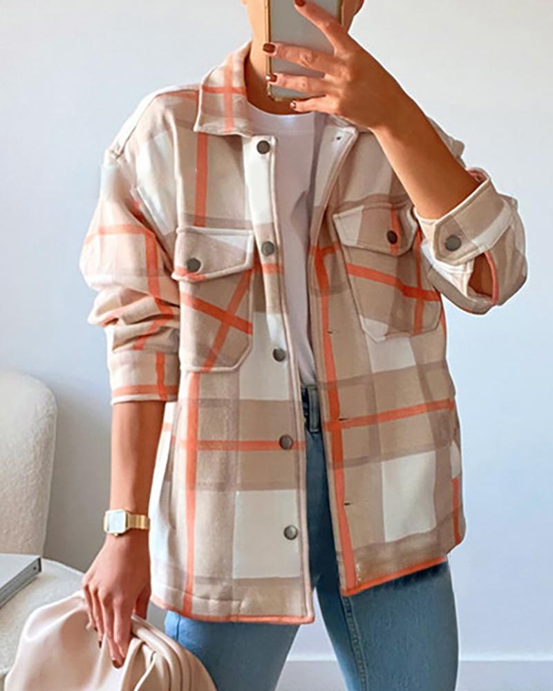 

Pocket Design Buttoned Checked Shacket, Khaki