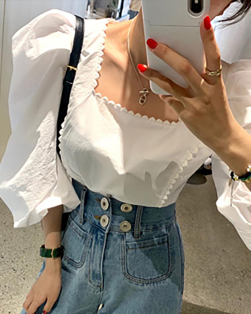 

Solid Puff Sleeve Casual Top, White