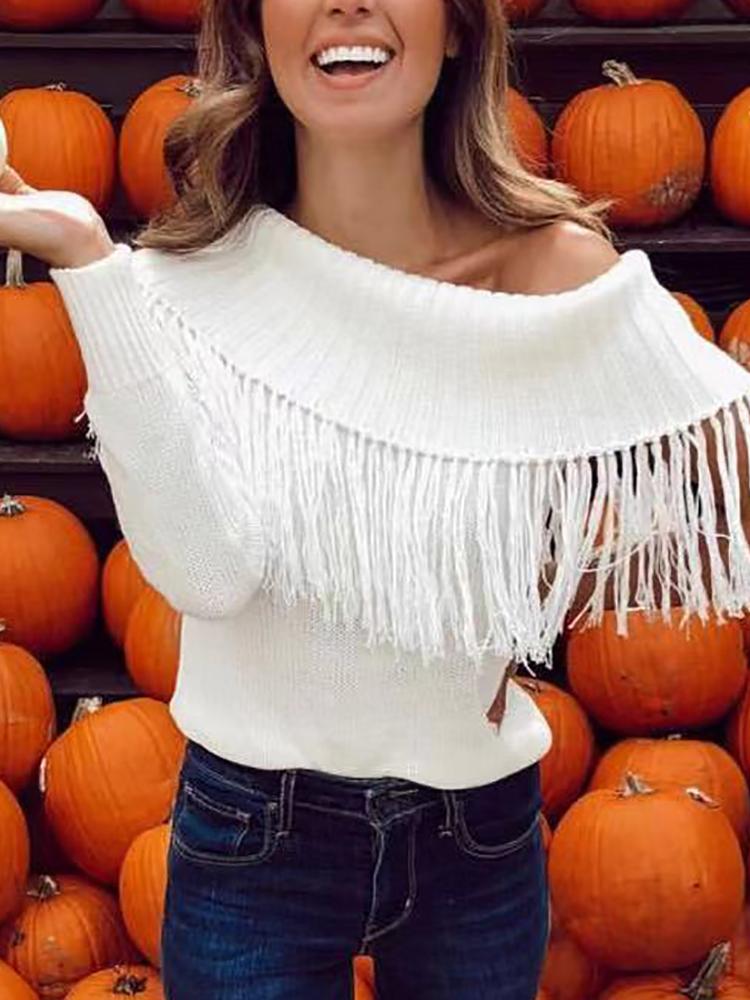 

Tassels Fold-Over Off Shoulder Sweater, White