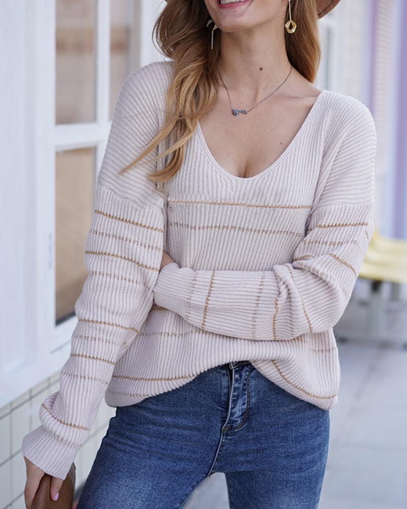 

Golden Striped Long Sleeve Knitted Sweater, Apricot