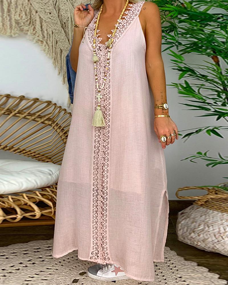 

Lace Insert Slit Sleeveless Maxi Dress