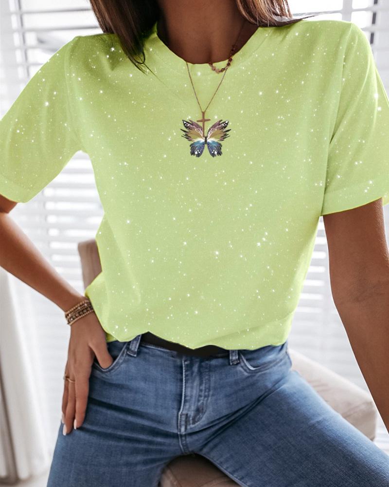 

Short-Sleeved Print Butterfly T-shirt, Green