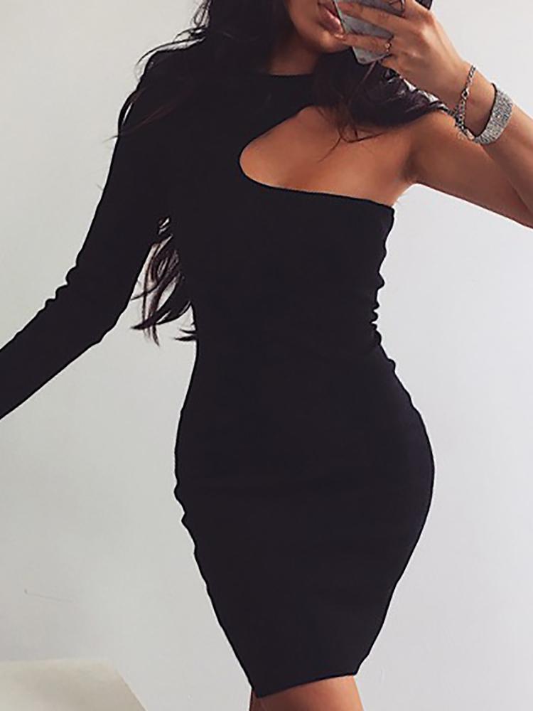 

Solid One Shoulder Bodycon Dress, Black