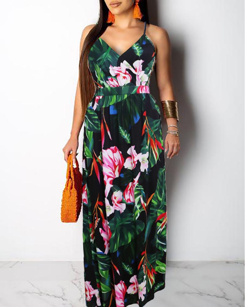 

Spaghetti Strap Print Maxi Dress, Green